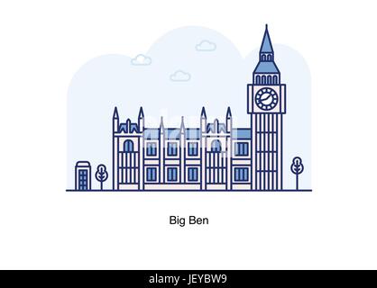 Vector line illustration of Big Ben, London, England. Stock Vector
