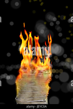 conceptual image of burning money pile in black Stock Photo