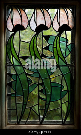 UK, Cumbria, Bowness on Windermere, Blackwell, Arts and Crafts House, leaded stained glass panel in porch Stock Photo