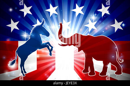 An elephant and donkey in silhouette facing off with an American flag in the background democrat and republican political mascot animals Stock Photo