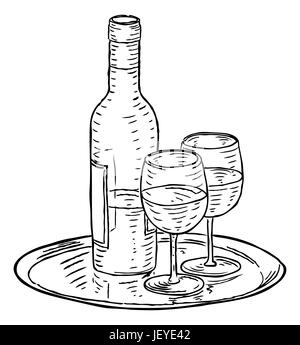 A bottle of wine and two glasses on a tray hand draw in a retro vintage woodcut engraved or etched style. Stock Photo