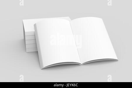 one blank right tilt open book leaning on five books, isolated gray background, 3d rendering elevated view Stock Photo