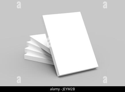 one right tilt book leaning on four stacking blank right tilt books placed in helical shape, all closed isolated gray background, 3d rendering elevate Stock Photo