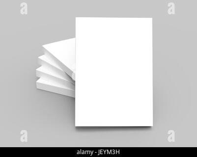 one book leaning on four stacking blank right tilt books placed in helical shape, all closed isolated gray background, 3d rendering elevated view Stock Photo