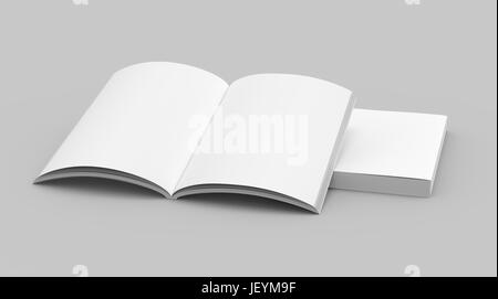 two stacking blank books on the ground, one left tilt and open, isolated gray background, 3d rendering elevated view Stock Photo