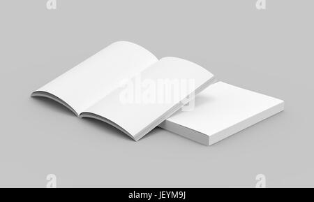 two left tilt stacking blank books on the ground, one open, isolated gray background, 3d rendering elevated view Stock Photo