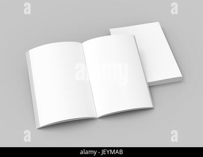 two right tilt blank books on the ground, one open, isolated gray background, 3d rendering top view Stock Photo