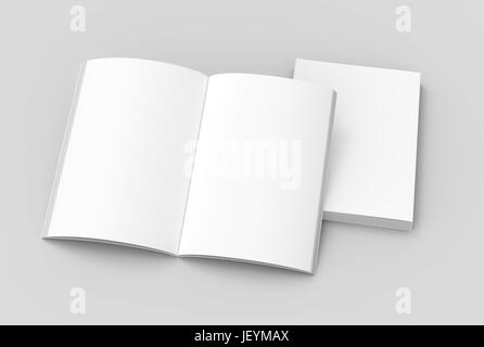 two left tilt blank books on the ground, one open, isolated gray background, 3d rendering elevated view top view Stock Photo