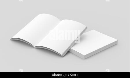two left tilt blank books on the ground, one open, isolated gray background, 3d rendering elevated view Stock Photo