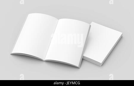 two left tilt blank books on the ground, one open, isolated gray background, 3d rendering elevated view Stock Photo