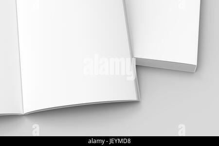 under right part of two books on the ground, one open, isolated gray background, 3d rendering elevated view, close up Stock Photo