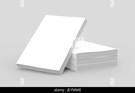 three right tilt books placed on ground and a left tilt book leaning on them, isolated gray background, side view Stock Photo