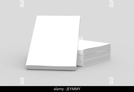 three right tilt books placed on ground and a left tilt book leaning on them, isolated gray background, side view Stock Photo