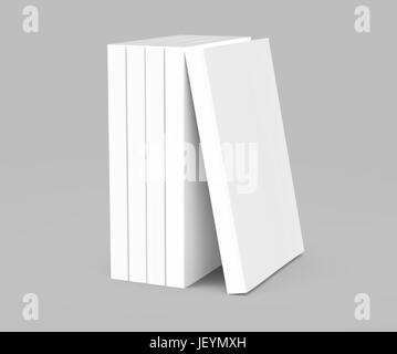 four 3d rendering left tilt blank books placed together and a book leaning on them, isolated gray background, side view Stock Photo