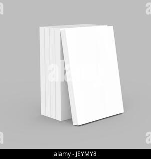 four 3d rendering left tilt blank books placed together and a book leaning on them, isolated gray background, side view Stock Photo