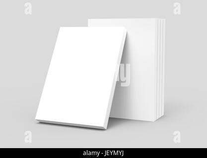 four 3d rendering right tilt blank books placed together and a left tilt book leaning on them, isolated gray background, side view Stock Photo