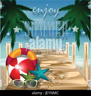 Summer beach vector concept,Wood bridge on the beach with shells and palms Stock Vector