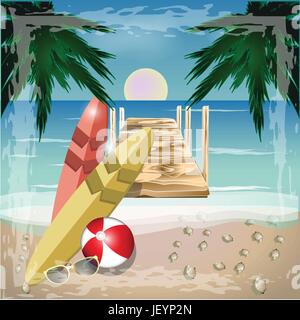 Summer concept beach with palms, wood bridge, vector Stock Vector