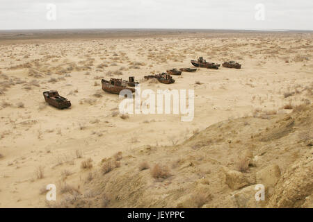 Aral sea shipwreck. The ship's skeleton is on the sand Stock Photo
