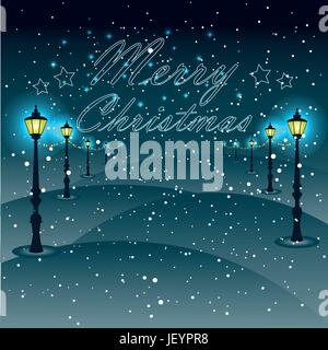 Street lights with Christmas decorations, Christmas greeting type design with vintage street lantern against a winter village - holidays vector illust Stock Vector
