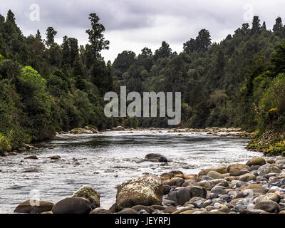Whakapapa River at Owhango. Flowing in boulder bed through native forest on steep slopes of river gorge, Tongariro Forest, Ruapehu Distict, New Zealan Stock Photo
