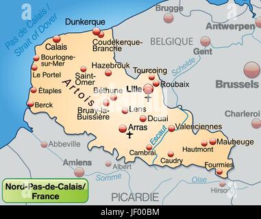 nord-pas-de-calais in france as an environment map of all the topographic information in pastel orange. the appealing Stock Vector