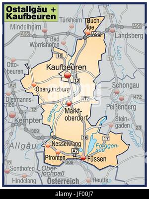 map of ostallgaeu-kaufbeuren as an overview map in green Stock Vector