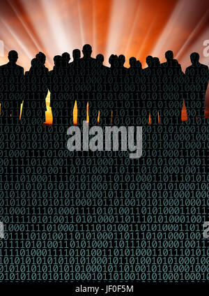 onceptual image of silhouetted group of business people and binary code over light beam Stock Photo