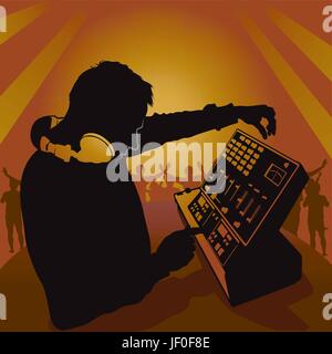 music, silhouette, dj, mix, disco, bar, tavern, house, building, indicate, Stock Vector