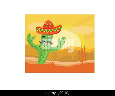 funny cactus with a sombrero in desert Stock Vector