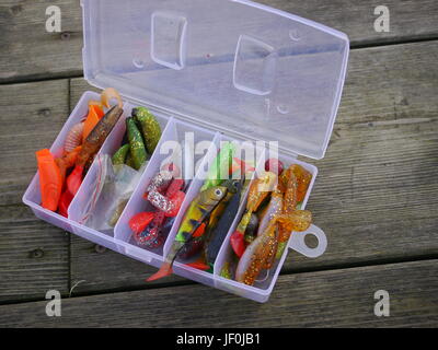 angling baits in plastic box Stock Photo