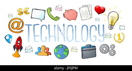 Hand-drawn multimedia technology digital text with icons on white background Stock Photo