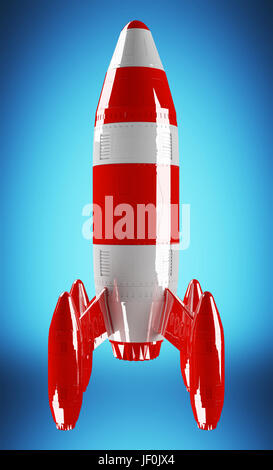 Red and white rocket launching 3D rendering on blue background Stock Photo