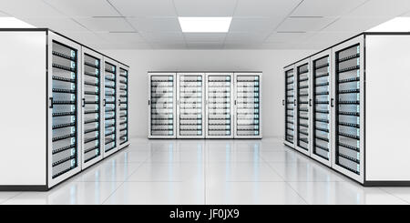 White server room data center storage with blue lights 3D rendering Stock Photo