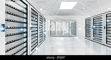 White and blue abstract network on server room data center 3D rendering Stock Photo