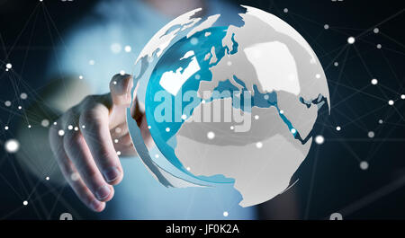 Businessman on blurred background using flying white and blue 3D rendering earth Stock Photo