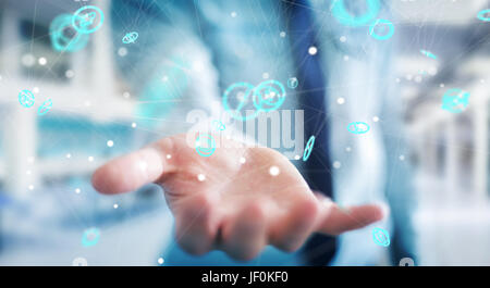 Businessman on blurred background using flying network connection interface 3D rendering Stock Photo