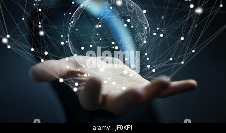 Businessman on blurred background using flying earth network interface 3D rendering Stock Photo
