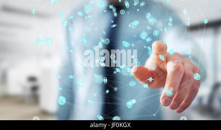 Businessman on blurred background using flying network connection interface 3D rendering Stock Photo