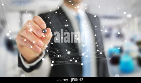 Businessman on blurred background using flying network connection interface 3D rendering Stock Photo