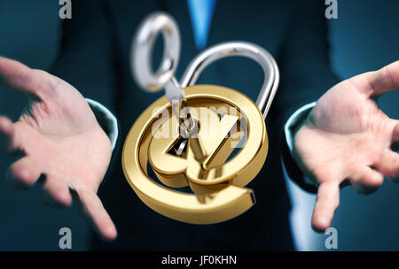Businessman on blurred background using 3D rendered digital padlock to secure his internet datas Stock Photo