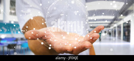 Businessman on blurred background using flying earth network interface 3D rendering Stock Photo