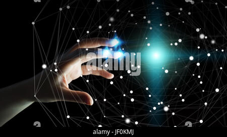 Businessman on blurred background using flying network connection interface 3D rendering Stock Photo
