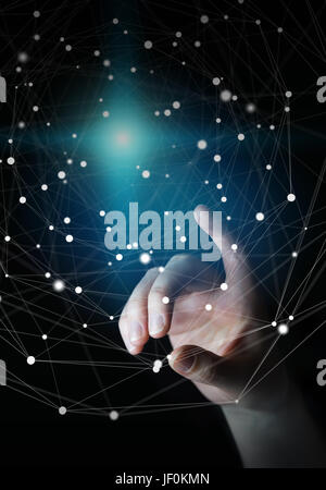 Businessman on blurred background using flying network connection interface 3D rendering Stock Photo