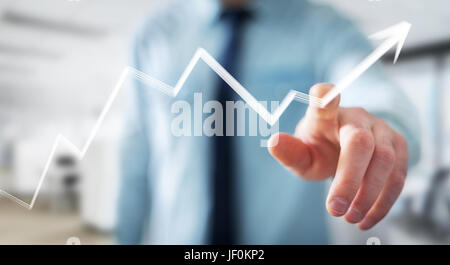 Businessman on blurred background touching hand-drawn arrow going up Stock Photo