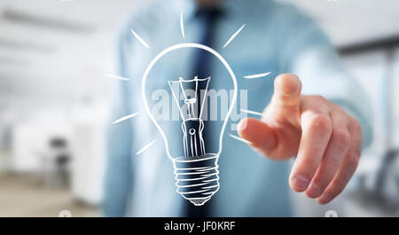 Businessman on blurred background touching a sketch lightbulb Stock Photo