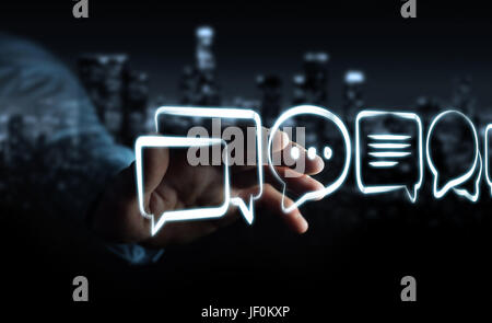 Businessman on blurred background touching discussion icons sketch Stock Photo