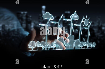Businessman on blurred background touching renewable energy sketch Stock Photo