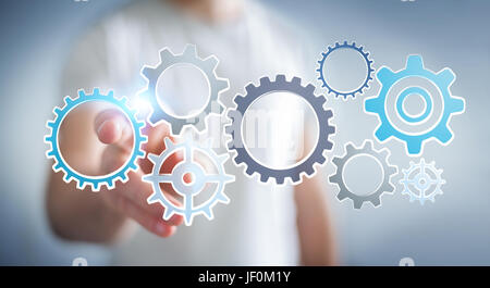 Hand touching hand drawn icons Stock Photo - Alamy