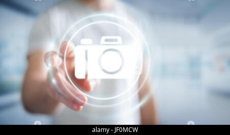 Businessman on blurred background using modern camera application 3D rendering Stock Photo